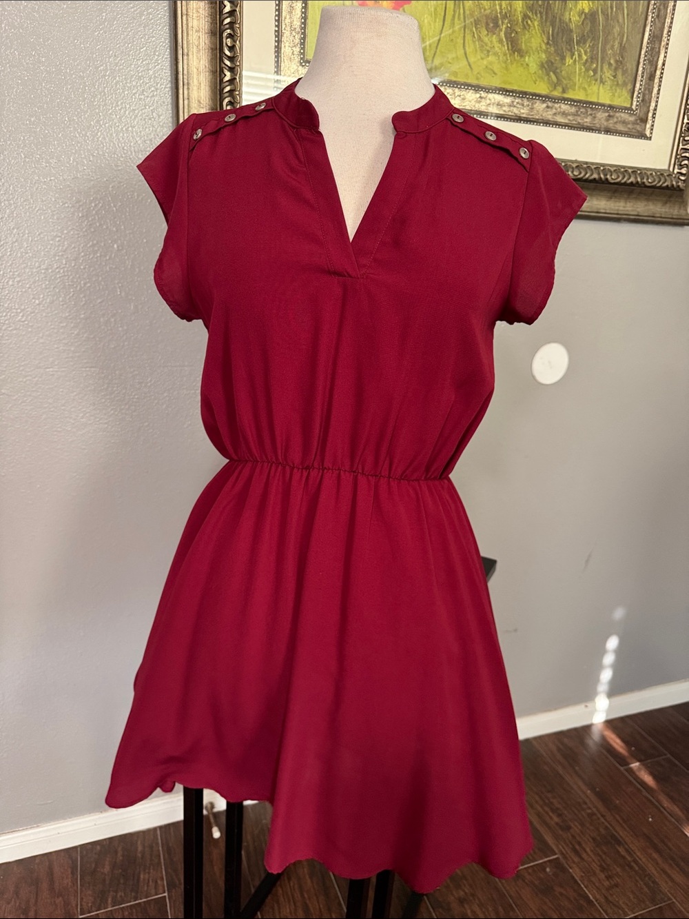 Sweet Rain Burgundy Short Sleeve Elastic Waist Mini Dress
